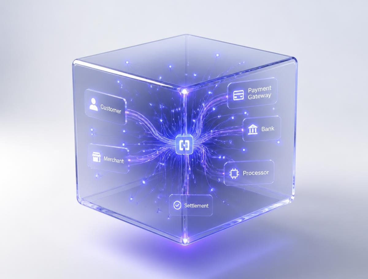 Glass cube visualizing the Cube payment engine
