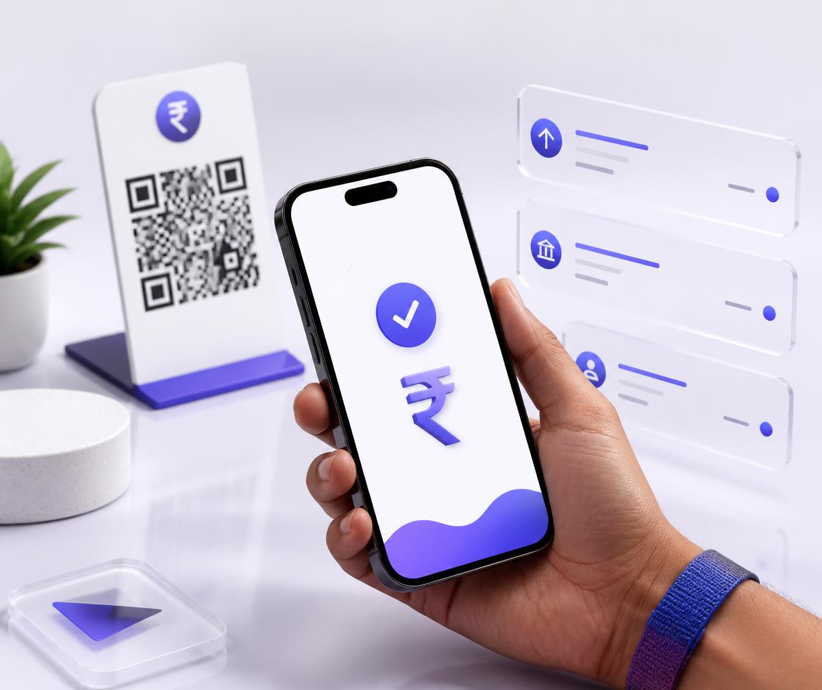 Customer completing a UPI QR payment on a smartphone with rupee transaction cards
